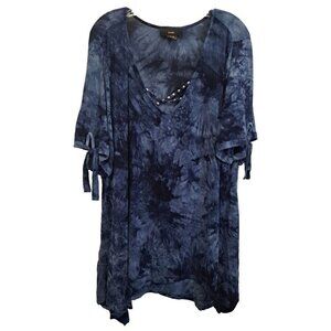 NWT RAIN Women's 2X Blue TieDye Silver Rivet Handkerchief Short Tie Sleeve Tunic